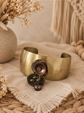 Rustic Boho Brass Cuff Bracelet • Bird’s Nest Charm & Teal Bead Accent